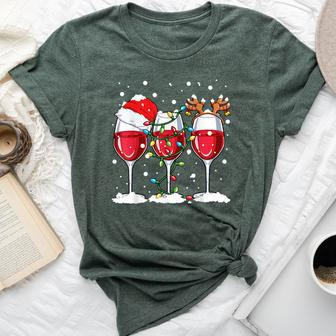 Wine Christmas Santa Hat Xmas Lights Reindeer Antlers Bella Canvas T-shirt | Mazezy