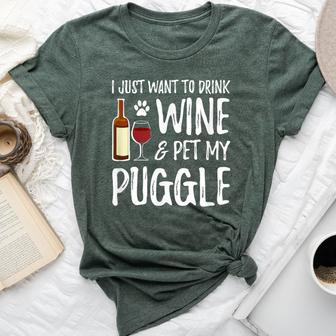 Wine And Puggle Dog Mom Or Dog Dad Idea Bella Canvas T-shirt - Seseable