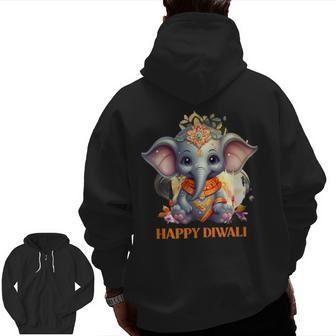 Happy Diwali Cute Elephant Zip Up Hoodie Back Print - Monsterry