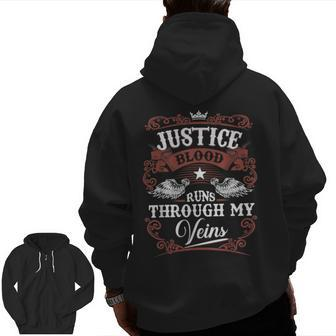 Justice Blood Runs Through My Veins Family Name Vintage Zip Up Hoodie Back Print - Seseable