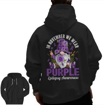 In November We Wear Purple Epilepsy Awareness Gnome Zip Up Hoodie Back Print - Monsterry