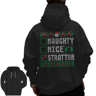 Stratton Family Name Naughty Nice Stratton Christmas List Zip Up Hoodie Back Print | Mazezy