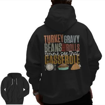 Turkey Gravy Beans Rolls Casserole Retro Thanksgiving Autumn Zip Up Hoodie Back Print - Thegiftio UK