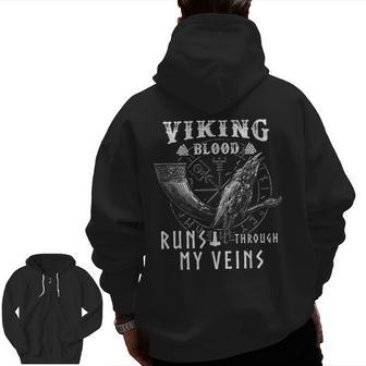 Viking Blood Runs Through My Veins Drinking Horn Crow Bw Zip Up Hoodie Back Print - Seseable
