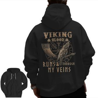 Viking Blood Runs Through My Veins Drinking Horn Crow Zip Up Hoodie Back Print - Seseable