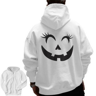 Eyelashes Halloween Outfit Pumpkin Face Costume Zip Up Hoodie Back Print - Monsterry
