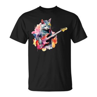 Cat Playing Bass Guitar Watercolor Graphic Design Unisex T-Shirt