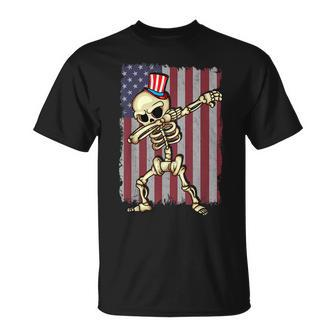 4Th Of July Dabbing Skeleton American Flag Dabbing Unisex T-Shirt | Mazezy