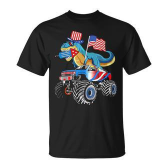 4Th Of July Kids Boys Dinosaur Firework American Flag Usa Unisex T-Shirt | Mazezy