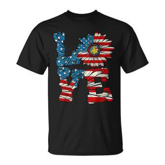 4Th Of July Love Peace Sunflower Patriotic American Flag Usa Unisex T-Shirt - Monsterry UK