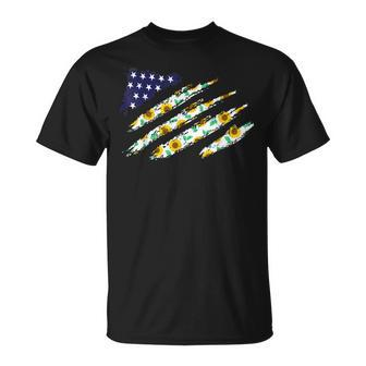 4Th Of July Sunflower American Flag Patriotic Usa Unisex T-Shirt | Mazezy