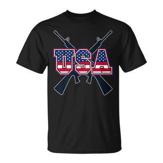 4Th Of July Usa With Gun Background Gun Funny Gifts Unisex T-Shirt | Mazezy