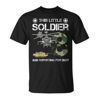 8 Year Old Soldier Camo Army Birthday Themed Military Family Unisex T-Shirt | Mazezy