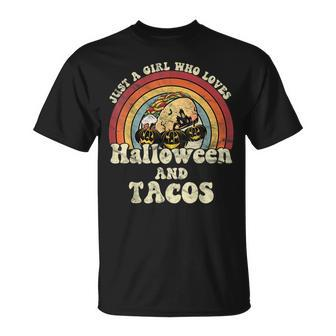 A Girl Who Loves Halloween And Tacos 70S Retro Vintage Tacos Funny Gifts Unisex T-Shirt | Mazezy