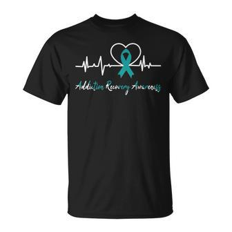 Addiction Recovery Awareness Heartbeat Teal Ribbon Support T-Shirt - Monsterry AU