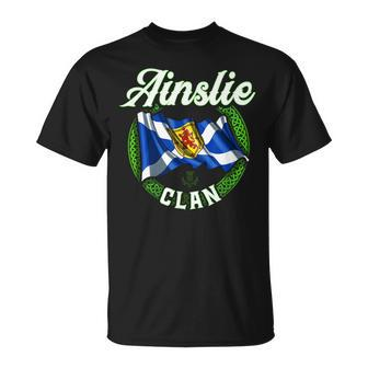 Ainslie Clan Scottish Last Name Scotland Flag Funny Last Name Designs Funny Gifts Unisex T-Shirt | Mazezy