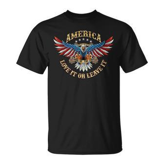 America Love It Or Leave It Eagle Flag On Wings Patriotism IT Funny Gifts Unisex T-Shirt | Mazezy