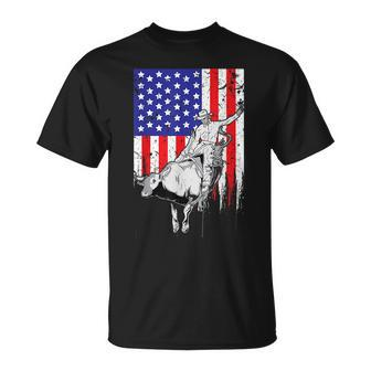 American Flag Bucking Bull Riding Patriotic Rodeo Rider Patriotic Funny Gifts Unisex T-Shirt | Mazezy