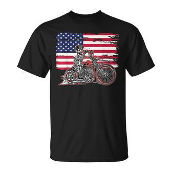 American Flag Motorcycle Skeleton Biker Bobber Chopper Rider Unisex T-Shirt | Mazezy
