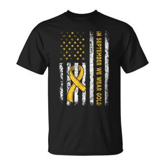 American Flag In September We Wear Gold Childhood Cancer T-Shirt | Mazezy