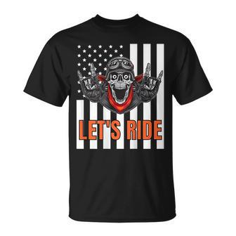 American Flag Skeleton Biker Motorcycle - Design On Back Biker Funny Gifts Unisex T-Shirt | Mazezy