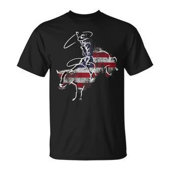 American Rodeo Bull Riding Retro Grunge Usa Vintage Flag Rodeo Funny Gifts Unisex T-Shirt | Mazezy