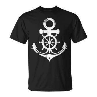 Anchor With Ship Sring Wheel Nautical Vintage Sailor Unisex T-Shirt | Mazezy