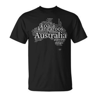 Australia Word Map - Kangaroos Koala Wombat Emu Dingo Unisex T-Shirt | Mazezy