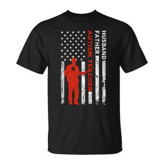 Autism Teacher Husband Dad Vintage Usa Flag American Fathers Gift For Women Unisex T-Shirt | Mazezy CA