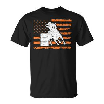 Barrel Racing Cowgirl Patriotic Vintage American Flag Rodeo Unisex T-Shirt | Mazezy