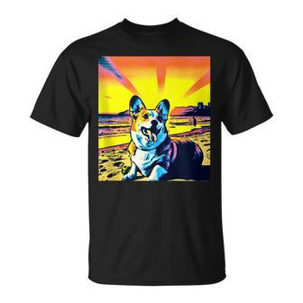 Beach Corgi Vintage Sunset Vacation Sunny Holiday Dog Unisex T-Shirt | Mazezy