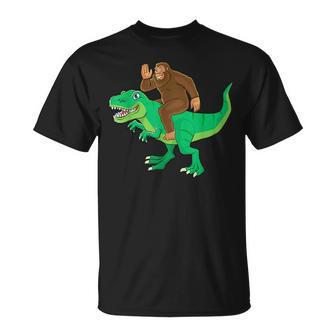 Bigfoot Riding Dinosaur T Rex Funny Men Boys Sasquatch Lover Unisex T-Shirt - Seseable
