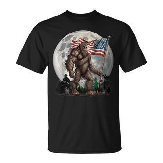 Bigfoot Sasquatch - American Flag Full Moon Patriotics Unisex T-Shirt - Seseable