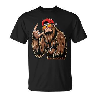 Bigfoot Sasquatch Rock On Hand Rock And Roll Music Lover T-Shirt - Seseable