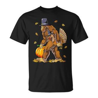 Bigfoot Turkey Pumpkin Thanksgiving Day Boys Men T-Shirt - Monsterry
