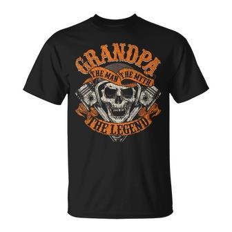 Biker Grandpa Man Myth Legend Fathers Day Grunge Motorcycle Unisex T-Shirt | Mazezy