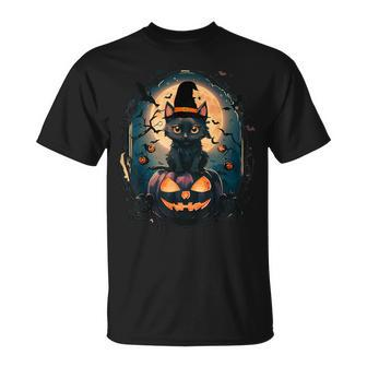 Black Cat With Witch Hat Candle And Scary Pumpkin Halloween T-Shirt - Seseable