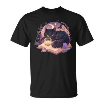 Black Cat Witchy Spellbook Spooky Halloween Magic Aesthetic Unisex T-Shirt | Mazezy