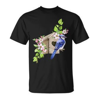Blue Jay Bird Birdhouse And Pink Blossoms Bird Watching T-Shirt | Mazezy CA