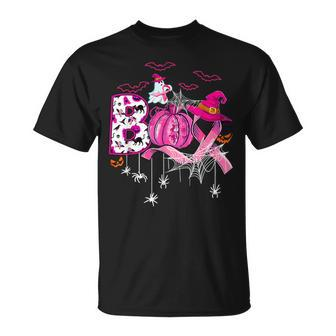 Boo Halloween Pumpkin Pink Ribbon Witch Breast Cancer T-Shirt | Mazezy