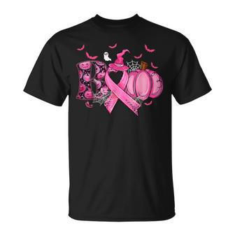 Boo Pumpkin Pink Ribbon Witch Breast Cancer Ghost Halloween T-Shirt - Monsterry AU