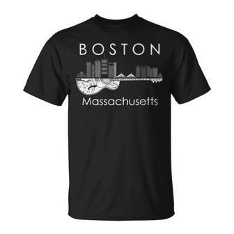 Boston Souvenir Men Massachusetts Skyline Music Guitar Unisex T-Shirt - Seseable