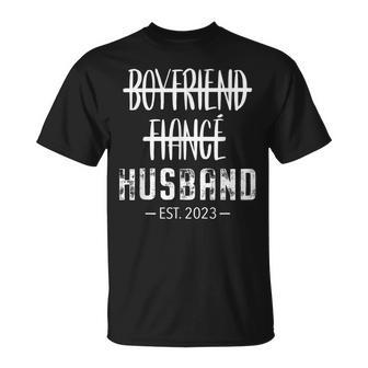 Boyfriend Fiance Husband Just Married 2023 Grooms Wedding Unisex T-Shirt - Monsterry AU