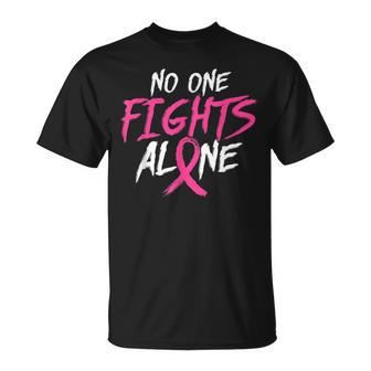 Breast Cancer Awareness No One Fight Alone Month Pink Ribbon T-Shirt | Mazezy