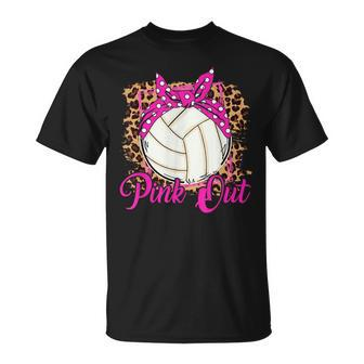 Breast Cancer Ribbon Pink Out Volleyball Pink Ribbon Leopard T-Shirt - Monsterry