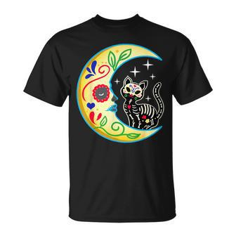 Cat & Moon Sugar Skull Dia De Los Muertos Day Of The Dead T-Shirt - Seseable