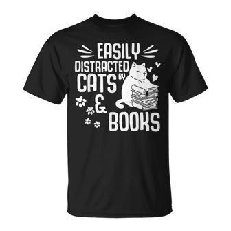 Cat Book Easily Distracted By Cats And Books Gift Girls Boys Unisex T-Shirt | Mazezy