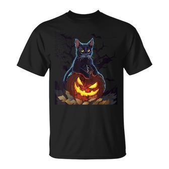 Cat With Pumpkin Halloween Bat Vintage Costume T-Shirt - Monsterry AU
