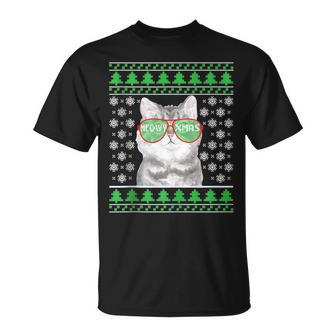 Cat With Sunglasses Meowy Ugly Christmas Sweater T-Shirt | Mazezy