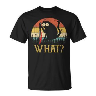 Cat What Knife Funny Murderous Black Cat Vintage Halloween Halloween Funny Gifts Unisex T-Shirt | Mazezy